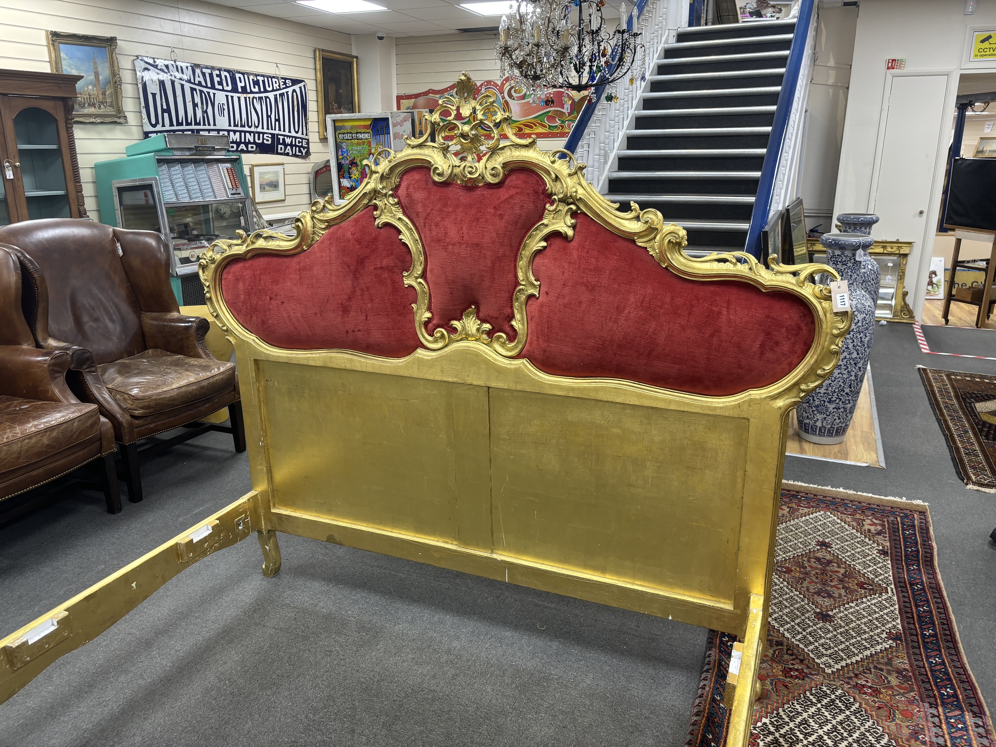 A rococo style giltwood and composition double bedframe from the collection of Raine, Countess Spencer, Lady Diana’s mother, Christies Lot 208, 13th July 2017, length 218cm, width 169cm, height 168cm